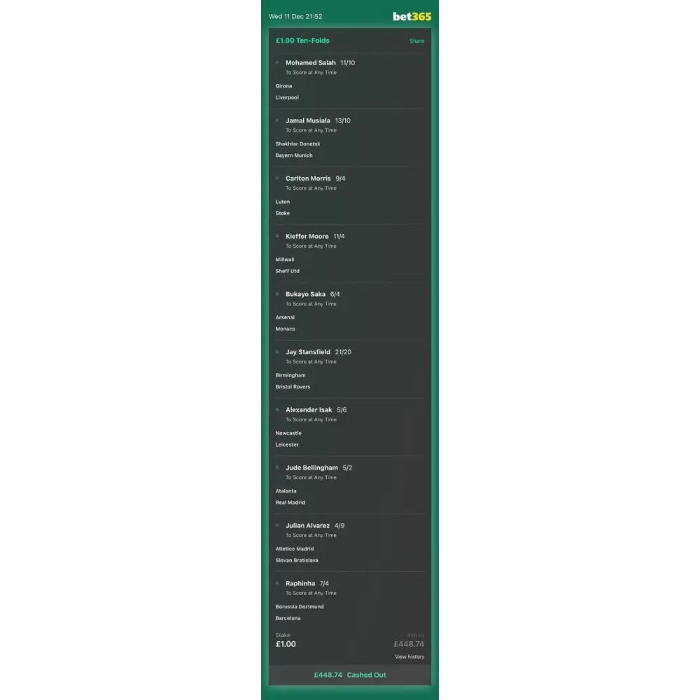 bet365 bet slip showing a £448.74 win from a £1 stake