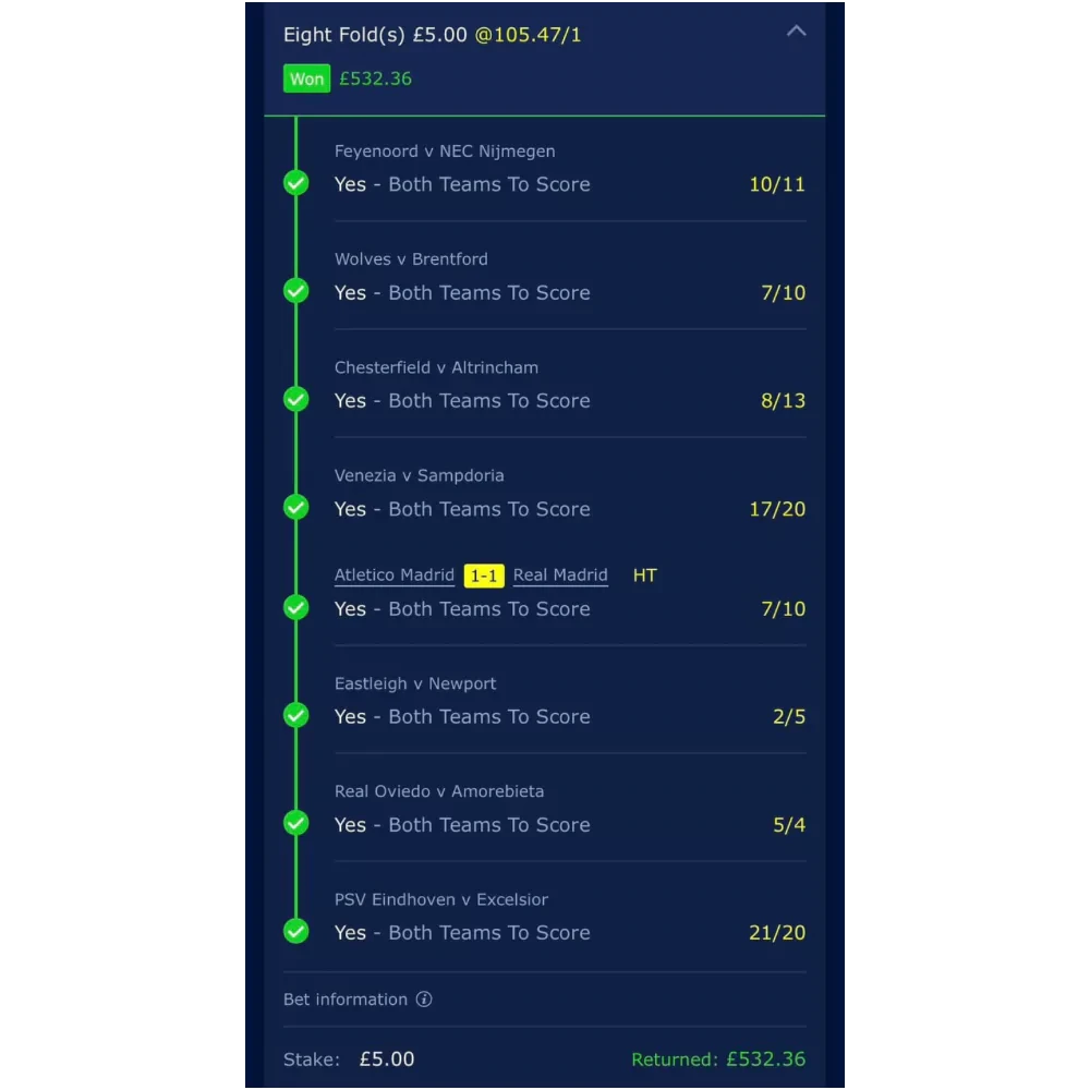 William Hill bet slip showing a £532.26 win from a £5 stake
