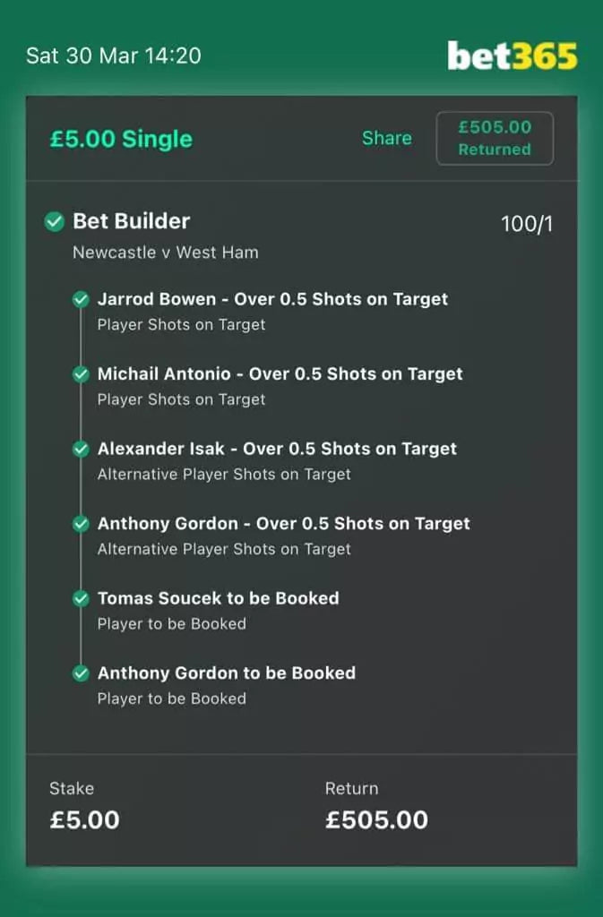bet365 bet slip showing a £505 win from a £5 stake