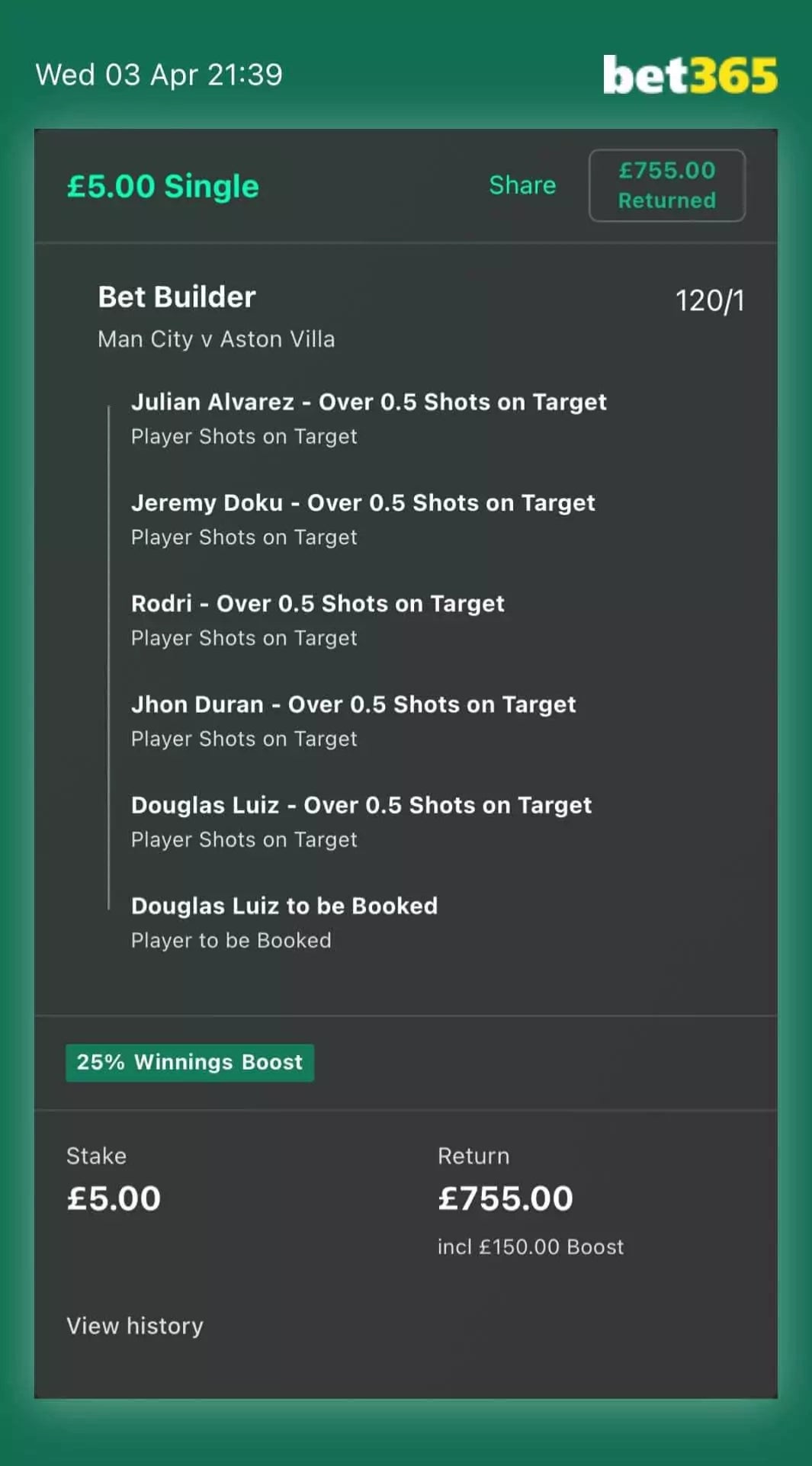 bet365 bet slip showing a £755 win from a £5 stake