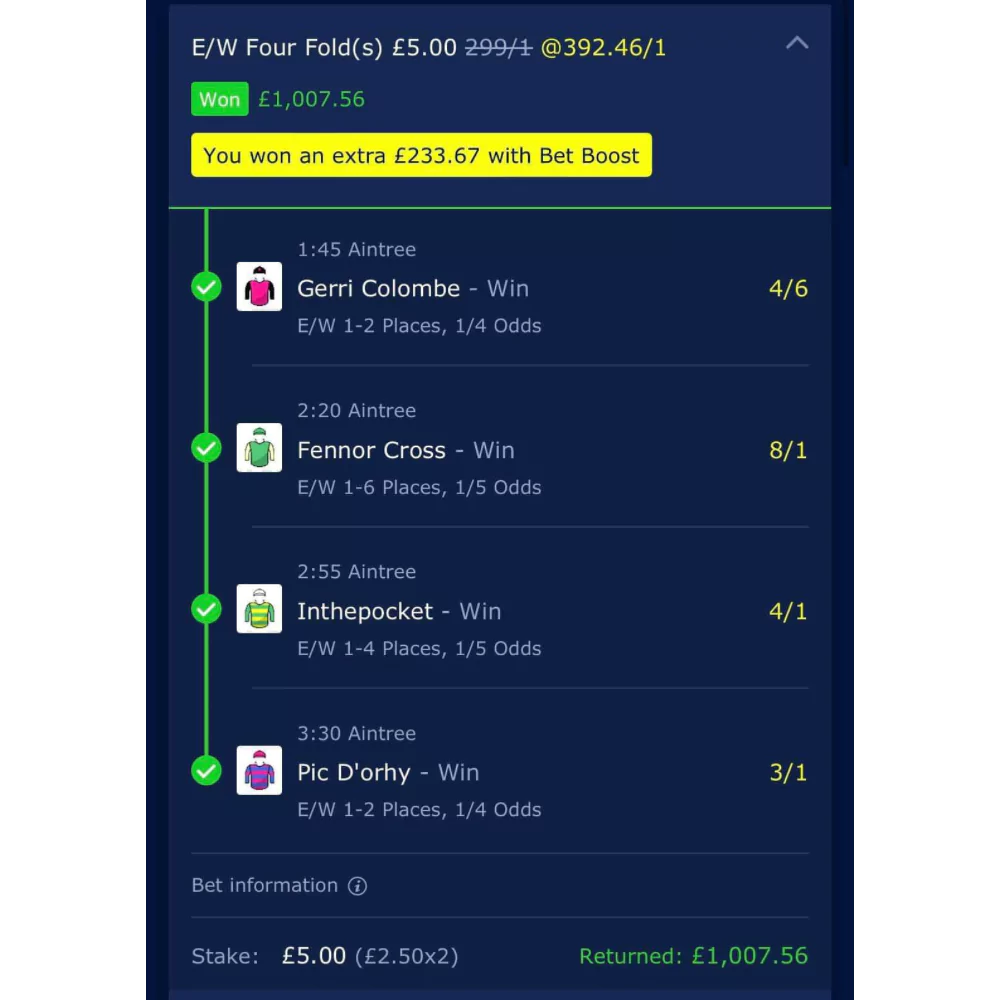William Hill bet slip showing a £1,007.56 win from a £5 stake