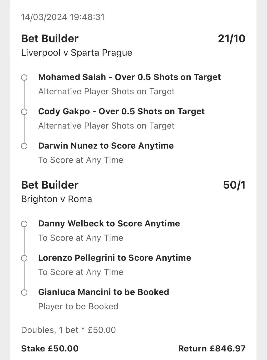 Bet slip showing a £846.97 win from a £50 stake