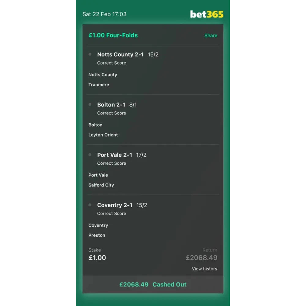 bet365 bet slip showing a £2,068.49 win from a £1 stake