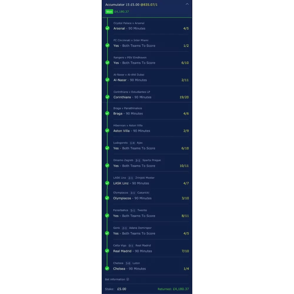 William Hill bet slip showing a £4,180.37 win from a £5 stake
