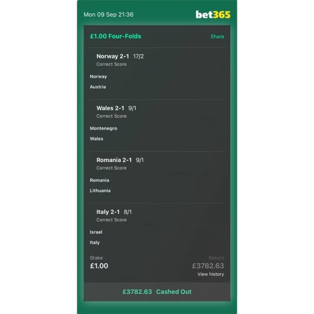 bet365 bet slip showing a £3,782.63 win from a £1 stake